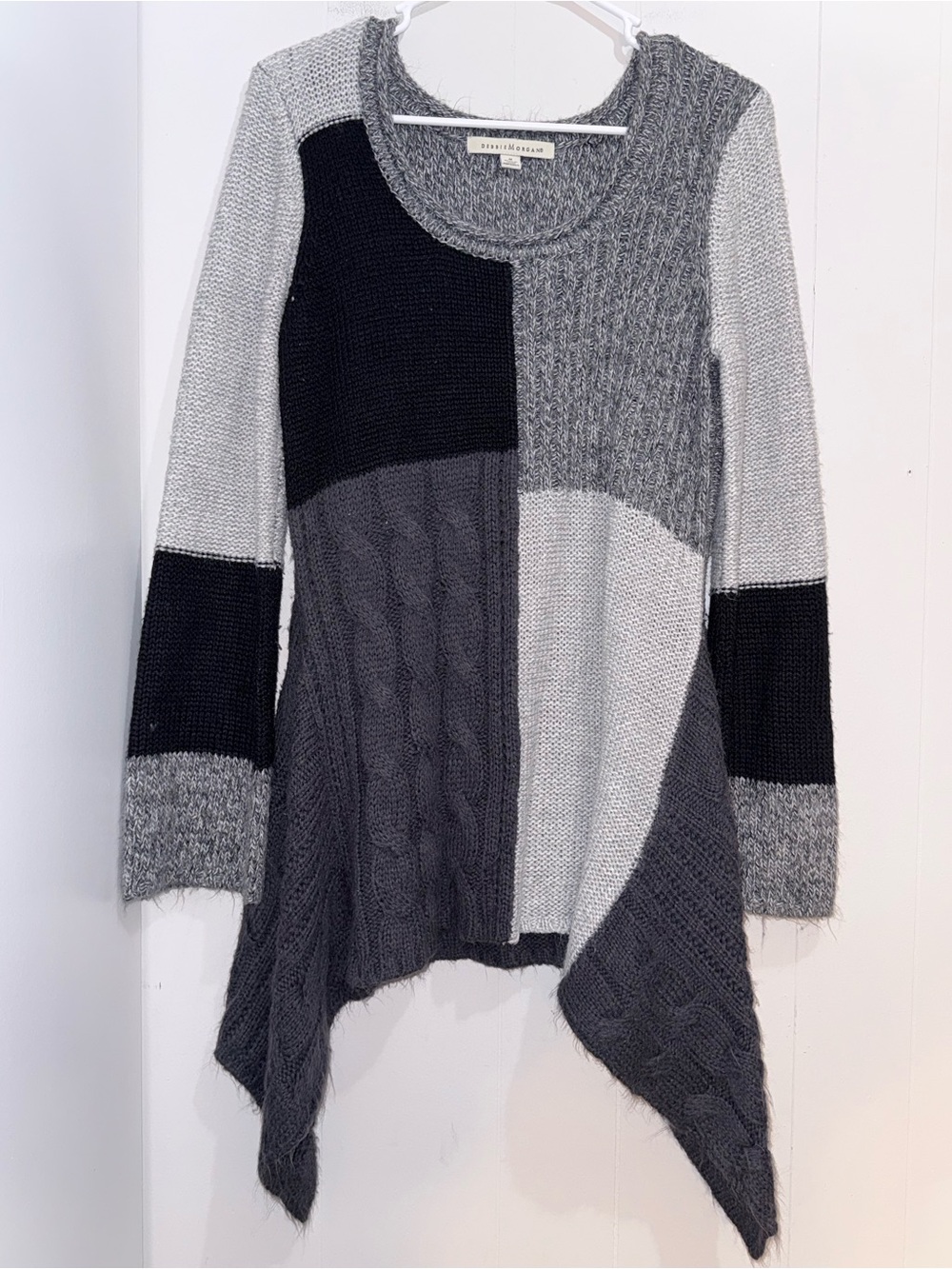 Debbie Morgan Colorblock Asymmetrical Cable Knit Patchwork Sweater Tunic M